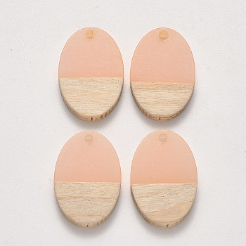Transparent Resin & Wood Pendants, Waxed, Oval, Pink, 23x15.5x3~4mm, Hole: 2mm