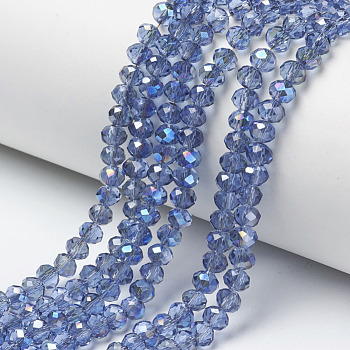 Electroplate Glass Beads Strands, Half Plated, Blue Plated, Faceted, Rondelle, Cornflower Blue, 6x5mm, Hole: 1mm, about 85~88pcs/strand, 16.1~16.5 inch(41~42cm)