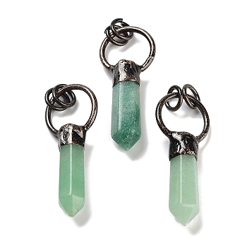 Natural Green Aventurine Faceted Pointed Bullet Pendants, Brass Ring Charms with Jump Rings, Red Copper, 48~50x20x9~10mm, Hole: 6mm