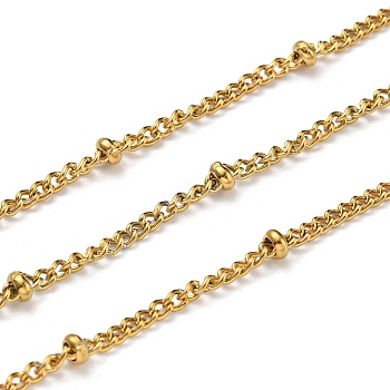 304 Stainless Steel Satellite Chains, Soldered, with Spool, Real 18K Gold Plated, Link: 2.5x2x1mm, Bead: 4x1mm, 10m/roll
