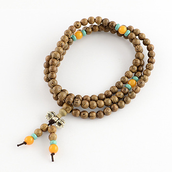 Dual-use Items, Wrap Style Buddhist Jewelry Wenge Wood Round Beaded Bracelets or Necklaces, Tan, 840mm, 108pcs/bracelet