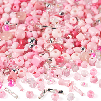 50g Glass Seed Beads, Mixed Shapes, Mixed Style, Pink, 2.5~12.5x2~8x2~8mm, Hole: 0.7~1.5mm