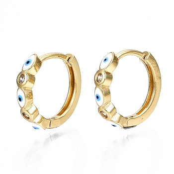 Brass Micro Pave Cubic Zirconia Huggie Hoop Earrings, with Enamel, Nickel Free, Ring with Evil Eye, Real 16K Gold Plated, White, 16x3mm, Pin: 1mm