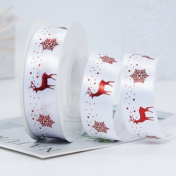 22M Flat Christmas Reindeer Printed Polyester Satin Ribbons, Hot Stamping Ribbons, White, 1 inch(25mm), about 24.06 Yards(22m)/Roll