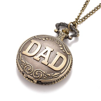 Alloy Flat Round with DAD Pendant Necklace Pocket Watch, with Iron Chains and Lobster Claw Clasps, Quartz Watch, Antique Bronze, 31.1 inch, Watch Head: 58x46x15mm