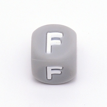 Silicone Alphabet Beads for Bracelet or Necklace Making, Letter Style, Gray Cube, Letter.F, 12x12x12mm, Hole: 3mm