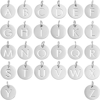 Unicraftale 26Pcs 304 Stainless Steel Charms, Flat Round with Letter, Letter A~Z, 12x1mm, Hole: 2.5mm, 26pcs