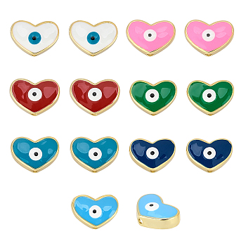 Nbeads 14Pcs 7 colors Golden Tone Brass Beads, with Enamel, Heart with Evil Eye, Mixed Color, 11x15x4.5mm, Hole: 1.6mm, 2pcs/color