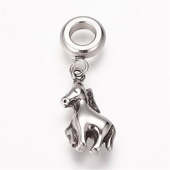304 Stainless Steel European Dangle Charms, Large Hole Pendants, Antique Silver, Chinese Zodiac, Horse, 26mm, Hole: 5mm, Pendant: 16x10x4.5mm