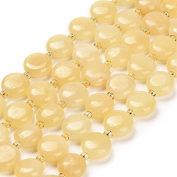 Natural Yellow Jade Beads Strands, with Seed Beads, Flat Round, 10~10.5x4~5mm, Hole: 0.8mm, about 32pcs/strand, 15.47''(39.3cm)