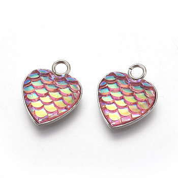 304 Stainless Steel Pendants, with Resin, Heart with Fish Scale Shape, Stainless Steel Color, Pink, 16x13x3.5mm, Hole: 2mm