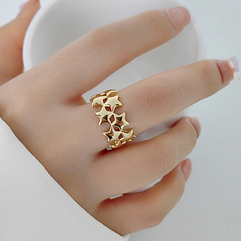 Chic Hollow Star Brass Cuff Open Ring for Women, Unique Design, Daily Wear, Golden, 