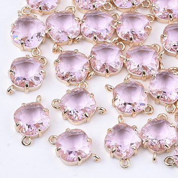 Transparent Glass Links connectors, with Brass Findings, Faceted, Rhombus, Light Gold, Pearl Pink, 16.5x11x6mm, Hole: 1.2mm, Side Length: 11mm
