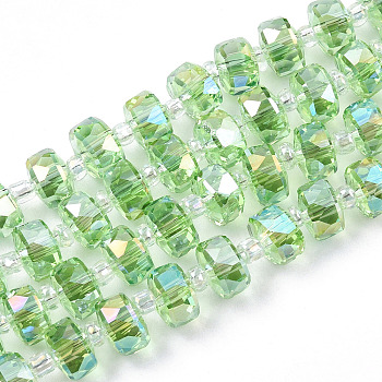 Transparent Glass Beads Strands, Faceted, AB Colors Plated, Rondelle, Lawn Green, 7.5x5mm, Hole: 1.2mm, about 80pcs/strand, 22.24 inch(56.5cm)