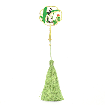 Panda Brass Bookmark with Tassel, Hollow-out Chinese Ancient Hand Fan Shape Bookmark for Reader, Light Gold, Yellow Green, 212mm