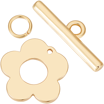 10Pcs Brass Toggle Clasps, Long-Lasting Plated, Flower, with 20Pcs Open Jump Rings, Real 18K Gold Plated, Flower: 13x13.5x1mm, Hole: 1mm, Bar: 15x4x1.5mm, Hole: 1.4mm