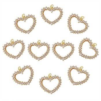 10Pcs Rack Plating Brass Micro Pave Clear Cubic Zirconia Pendants, with Jump Rings, Long-Lasting Plated, Cadmium Free & Lead Free, Heart, Real 18K Gold Plated, 21.5x26x3mm, Hole: 3.2mm