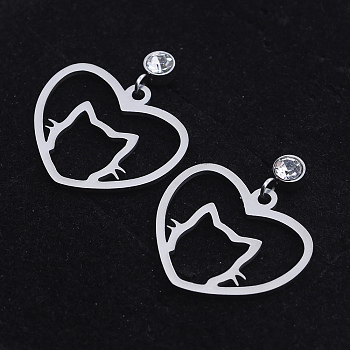 201 Stainless Steel Kitten Dangle Stud Earrings, with Clear Cubic Zirconia, Heart with Cat Head, Stainless Steel Color, 23mm, Pin: 0.8mm
