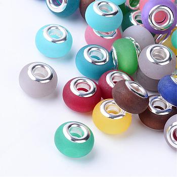 Resin Imitation Cat Eye European Beads, Large Hole Beads, Frosted Style, with Silver Color Plated Brass Cores, Rondelle, Mixed Color, 13.5~14x8.5~9mm, Hole: 5mm
