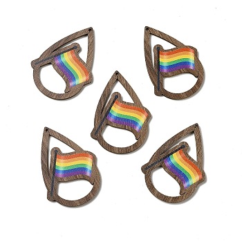 Rainbow/Pride Flag Theme Single Face Printed Aspen Wood Big Pendants, Teardrop Charm, Flag Pattern, 54.5x39.5x2.5mm, Hole: 1.8mm