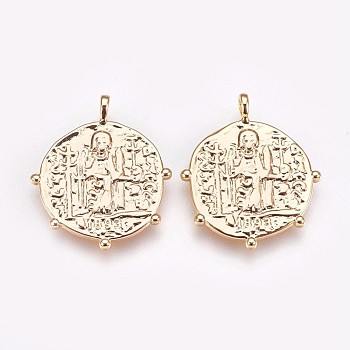 Brass Pendants, Nickel Free, Flat Round, Real 18K Gold Plated, 21.5~22x18~19x1.5mm, Hole: 1.2x1.5mm