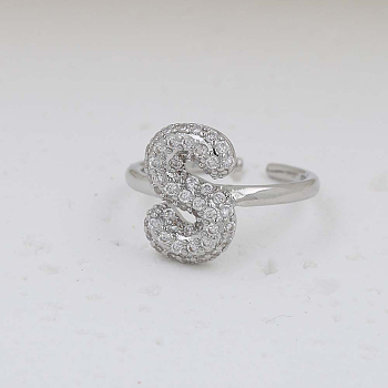 Brass Micro Pave Clear Cubic Zirconia Cuff Rings, Initial Rings for Women, Letter, Platinum, Letter S, Inner Diameter: Adjustable