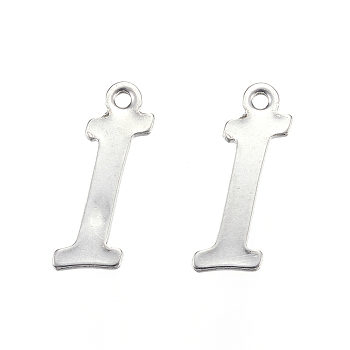 304 Stainless Steel Letter Charms, Letter.I, Stainless Steel Color, 13.5x5x0.8mm, Hole: 1mm