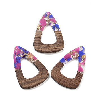 Walnut Wood Pendant, Resin & Gold Foil, Teardrop, Hot Pink, 45x30x3.5mm, Hole: 2mm