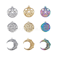 9Pcs 9 Style 304 Stainless Steel Pendants, Flat Round with Sun & Star & Moon with Flower, Mixed Color, 29~30x25~26.5x2~3mm, Hole: 1.8~2mm, 1pc/style(STAS-FH0001-66)