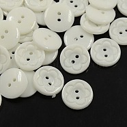 Acrylic Sewing Buttons for Clothes Design, Plastic Buttons, 2-Hole, Dyed, Flat Round with Flower Pattern, White, 16x3mm, Hole: 1mm(BUTT-E083-C-01)