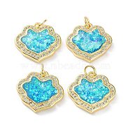 Rack Plating Brass Micro Pave Cubic Zirconia Pendants, Synthetic Opal Lock Charms with Jump Ring, Cadmium Free & Lead Free, Long-Lasting Plated, Real 18K Gold Plated, Cyan, 18x18x3mm, Hole: 3.4mm(KK-C041-10G)
