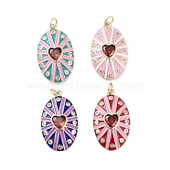 Rack Plating Brass Micro Pave Clear Cubic Zirconia Pendants, with Enamel, Long-Lasting Plated, Lead Free & Cadmium Free, Oval with Heart Charms, Mixed Color, 26x16x4mm, Hole: 3.5mm(KK-H474-23G)