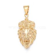 304 Stainless Steel Pendants, with Crystal Rhinestone, Lion Head with Crown, Golden, 48x25x14mm, Hole: 6x12mm(STAS-I163-061G)