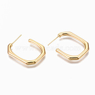 Brass Half Hoop Earrings, Stud Earrings, with 925 Sterling Silver Pins, Nickel Free, Rectangle, Real 18K Gold Plated, 22x29mm, Pin: 0.7mm(X-KK-S356-148G-NF)