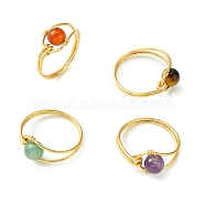 4Pcs 4 Style Natural Mixed Gemstone Round Braided Bead Rings Set, Copper Wire Wrap Rings, Light Gold, Inner Diameter: 18.5~19mm, 1Pc/style(RJEW-TA00081)