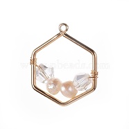 Natural Cultured Freshwater Pearl Pendants, with Glass Beads and Brass Findings, Hexagon, Golden, 18x15x4.5mm, Hole: 1mm(X-PALLOY-JF00387)