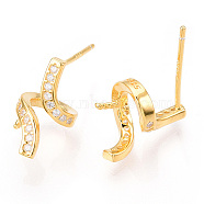 925 Sterling Silver Stud Earring Findings Micro Pave Cubic Zirconia, for Half Drilled Beads, with S925 Stamp, Wave, Real 18K Gold Plated, 12x9x1mm,Pin: 0.7×12mm(STER-T007-18G)