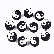 Handmade Polymer Clay Beads, Flat Round with Yin Yang, Black, 9~10x9~10x4~7mm, Hole: 2mm(X-CLAY-T016-65A)