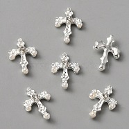 Alloy Rhinestone Cabochons, with ABS Plastic Imitation Pearl Beads, Nail Art Decoration Accessories, Cross, Silver, 14.5x10x3.5mm(MRMJ-WH0070-64S)