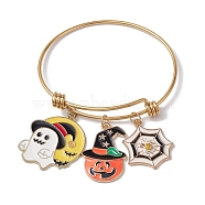 Halloween Theme Adjustable Stainless Steel Bangles, Ghost & Pumpkin & Spider Web Alloy Enamel Charm Bangles for Women, Golden, Colorful, Inner Diameter: 2-1/2~2-3/4 inch(6.3~7cm)(BJEW-JB10786)