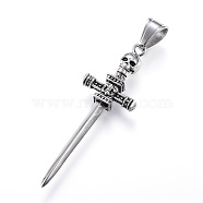 316 Surgical Stainless Steel Big Pendants, Sword with Skull, Antique Silver, 58x20x7mm, Hole: 7x10mm(X-STAS-F059-AS)