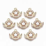 Brass Micro Pave Cubic Zirconia Pendants, Light Gold, Long-Lasting Plated, Cadmium Free & Lead Free, Flat Round with Star, Clear, 13x15x4mm, Hole: 1.6mm(X-KK-S359-031-RS)