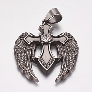 304 Stainless Steel Pendants, with Rhinestone, Wing with Cross, Crystal, Antique Silver, 39x49x5mm, Hole: 7x9mm(STAS-P225-067AS)