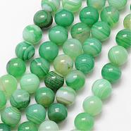 Natural Striped Agate/Banded Agate Bead Strands, Round, Grade A, Dyed & Heated, Medium Sea Green, 10mm, Hole: 1mm, about 37pcs/strand, 15 inch(G-K166-13-10mm-01)