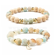 Frosted Natural Flower Amazonite Beads Stretch Bracelets, with Synthetic Hematite Beads & Moon Charms, Mixed Color, Inner Diameter: 2-1/8~2-1/4 inch(5.5~5.8cm), 2pcs/set(BJEW-JB07009)