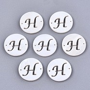Natural Freshwater Shell Links Connectors, Flat Round with Letter, Letter.H, 14.5x1.5mm, Hole: 0.9mm(SHEL-S276-120H)