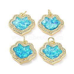 Rack Plating Brass Micro Pave Cubic Zirconia Pendants, Synthetic Opal Lock Charms with Jump Ring, Cadmium Free & Lead Free, Long-Lasting Plated, Real 18K Gold Plated, Cyan, 18x18x3mm, Hole: 3.4mm(KK-C041-10G)