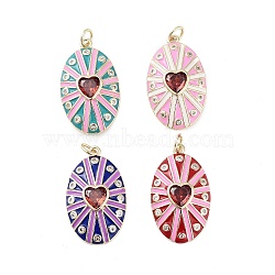 Rack Plating Brass Micro Pave Clear Cubic Zirconia Pendants, with Enamel, Long-Lasting Plated, Lead Free & Cadmium Free, Oval with Heart Charms, Mixed Color, 26x16x4mm, Hole: 3.5mm(KK-H474-23G)