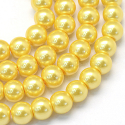 Baking Painted Pearlized Glass Pearl Round Bead Strands, Gold, 8~9mm, Hole: 1mm, about 105pcs/strand, 31.4 inch(X-HY-Q330-8mm-67)