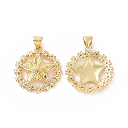 Brass Micro Pave Cubic Zirconia Pendants, Wreath with Star Charm, Golden, 27.5x21x3mm, Hole: 5x3mm(ZIRC-P106-22G)